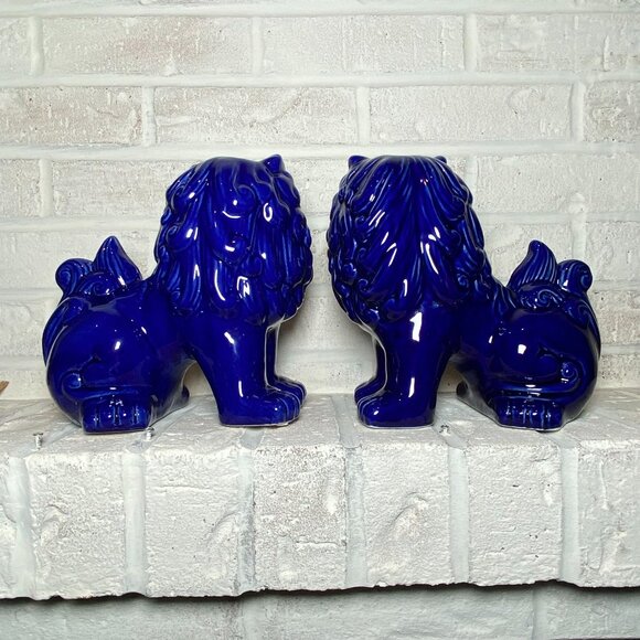 FOO DOG/LIONS - Chinoiserie - Cobalt Blue - Pair - Picture 2 of 8